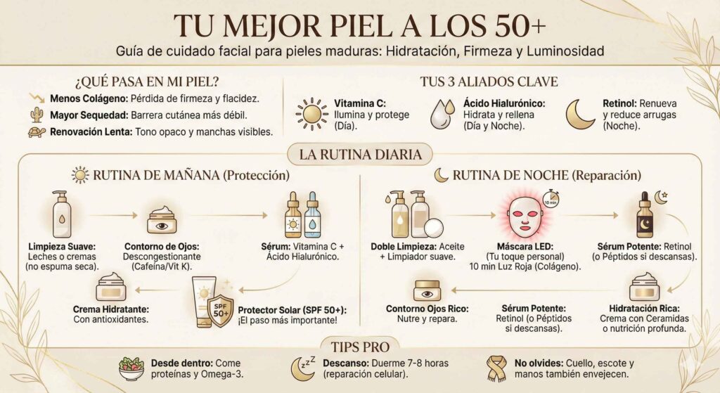 Guía de cuidado facial para pieles maduras. Tratamiento facial pieles más de 50 años