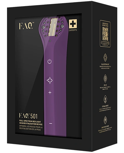 Dispositivo de luz roja FAQ 501 en su caja, mascarilla LED portátil para cuidado facial